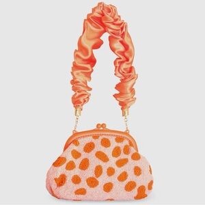 Orange Beaded Kiss Lock Clutch Handbag with Satin Ruffled Strap